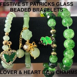 FESTIVE ST PATRICKS GLASS BEADED BRACELETS W/CLOVER HEART & BOW CHARMS 4 PC SET